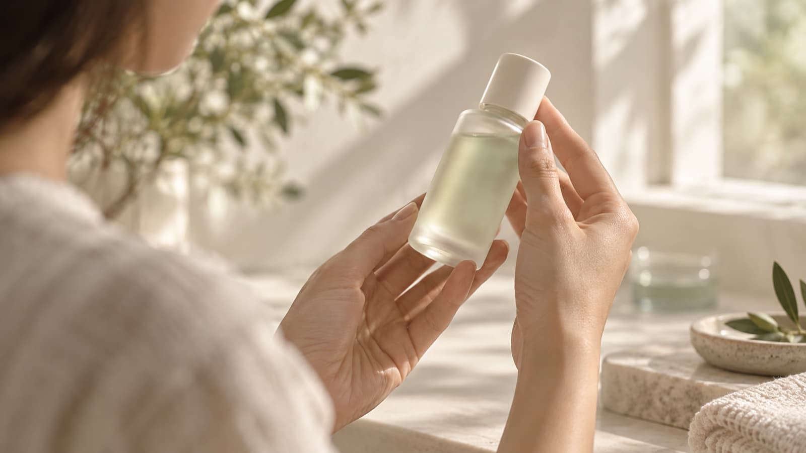 A person's hands examining an unbranded skincare bottle in soft window light