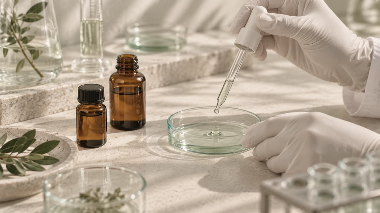 Gloved hands using a pipette to place a droplet into a petri dish beside amber ingredient bottles