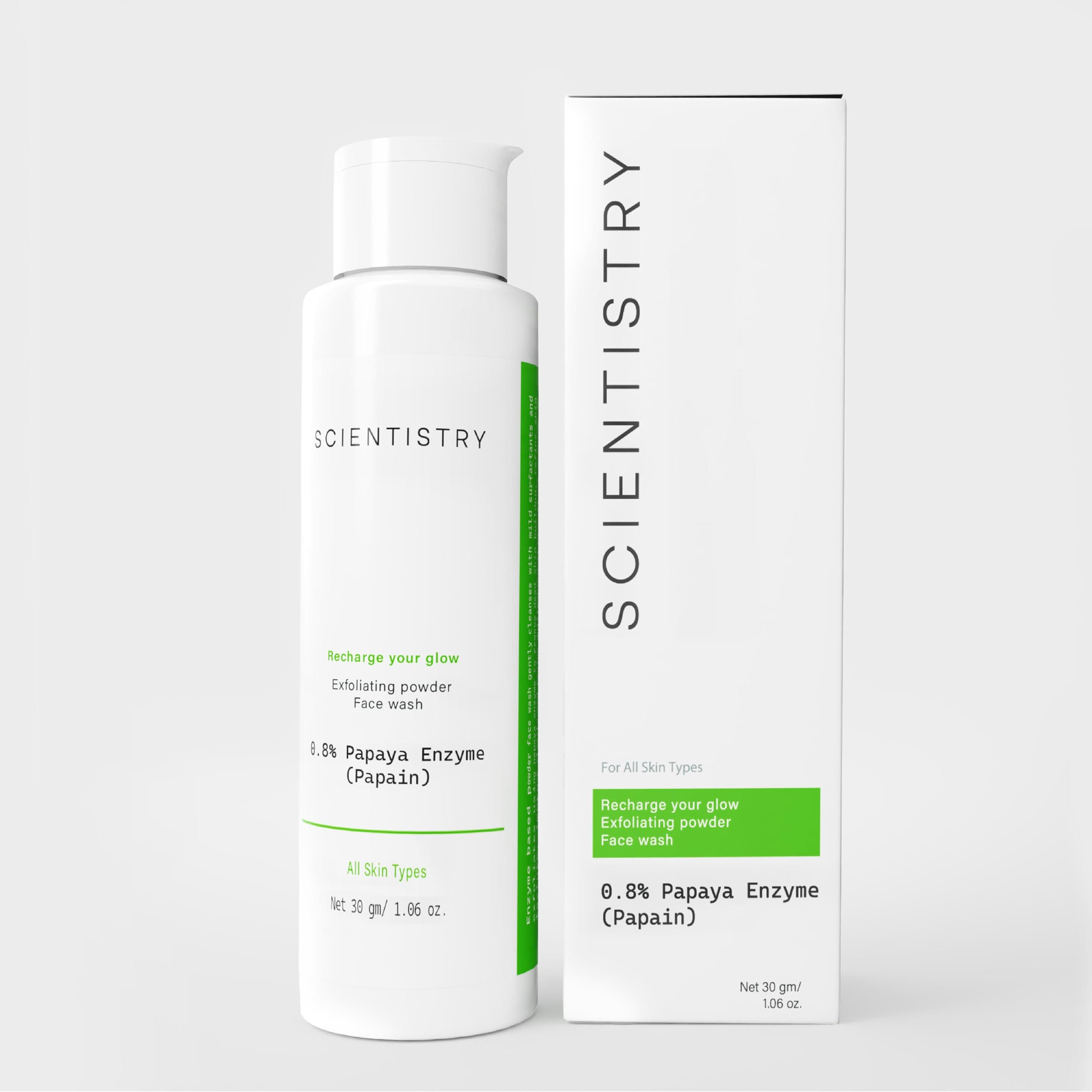 Scientistry 0.8% Papain Powder Facewash| Papaya Enzyme Exfoliating Cleanser| Brightens & Remove Dead Skin|Deep Pore Cleansing & Glowing Skin| Sulphate Free| For Men & Women| 30 grams