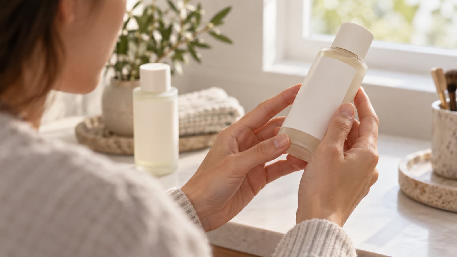 A person's hands examining the blank label on an unbranded skincare bottle