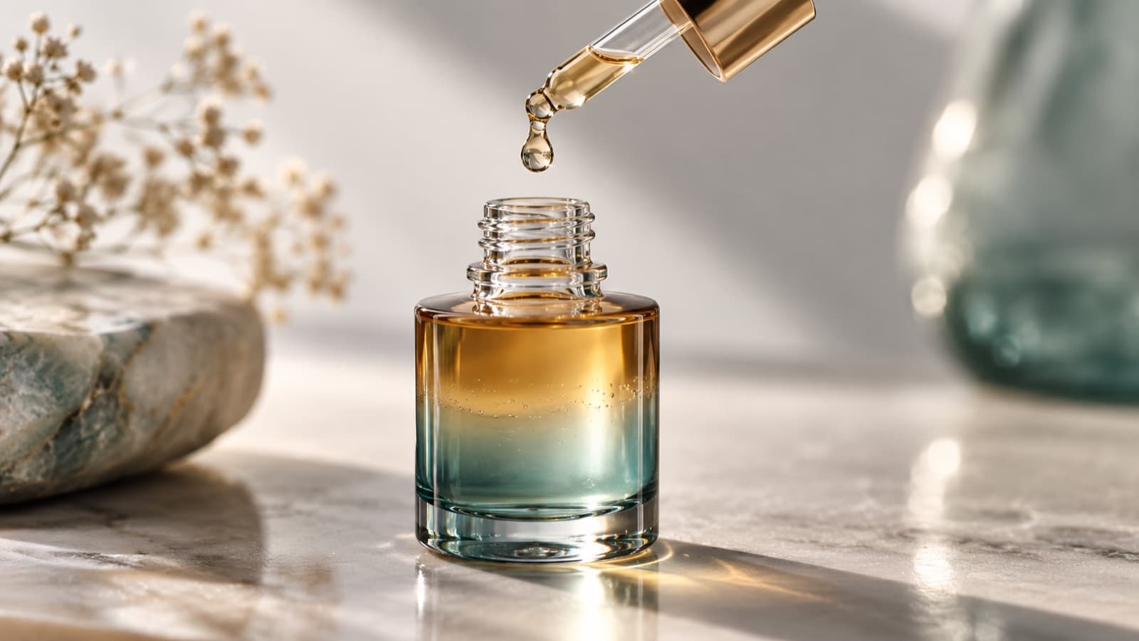 A dropper releasing a droplet over a bottle of gradient-coloured serum