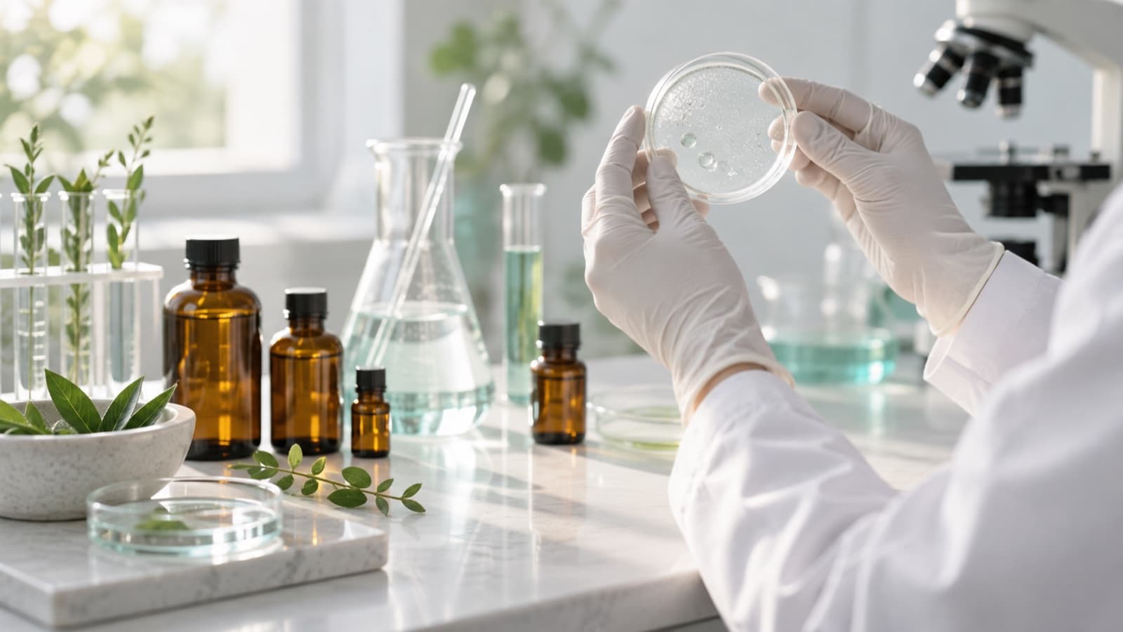 Gloved hands holding a petri dish beside amber ingredient bottles and lab glassware