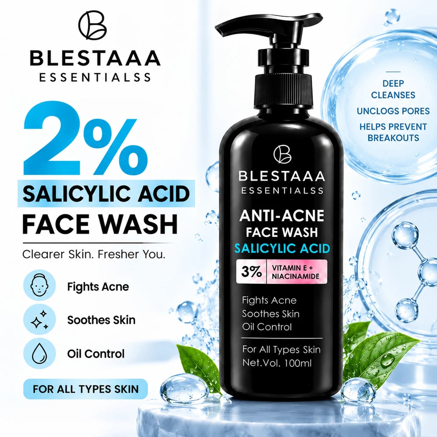 blestaaa essentialss Acne Control Face Cleanser | 2% Salicylic Acid, Niacinamide & Vitamin E.| Face Wash